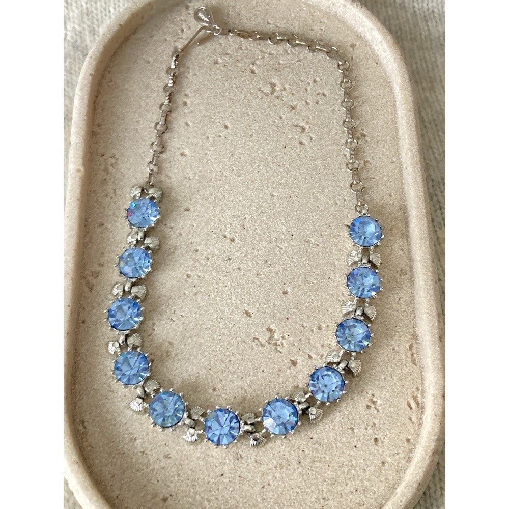 Vintage Coro Blue Rhinestone Collar Necklace Silver Tone Flower 1950's Choker